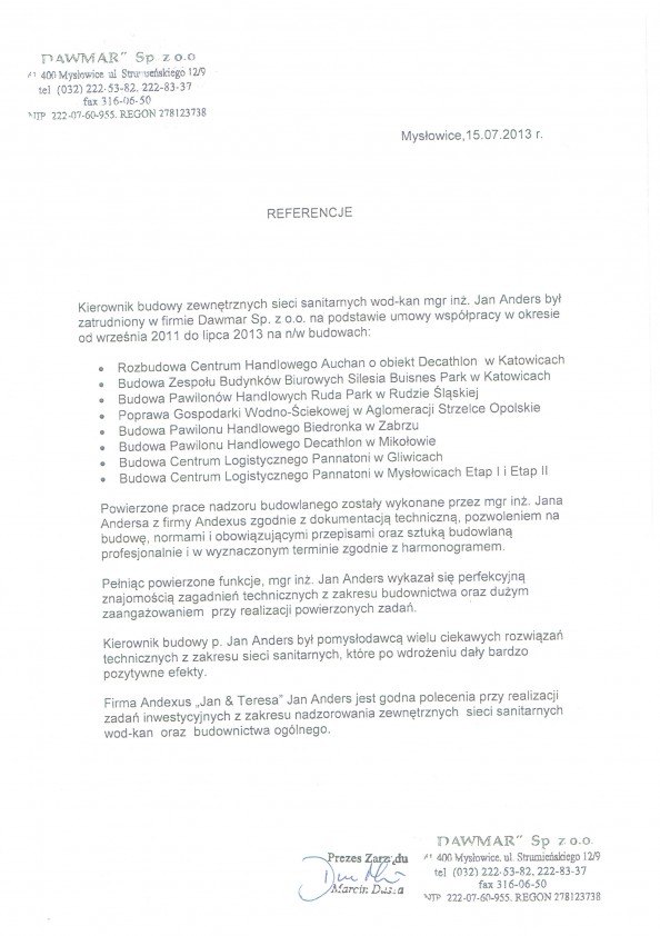 Referencja od firmy Dawmar Sp. z o.o