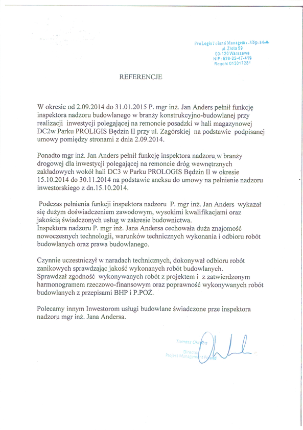 Referencja od firmy Prologis Poland Management Sp. z.o.o.