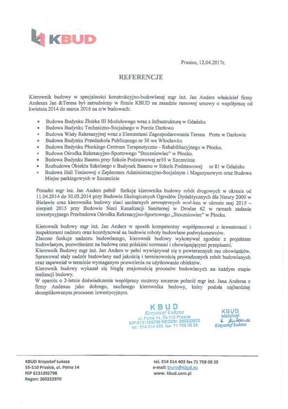 Referencja od firmy KBUD Krzysztof Łuksza