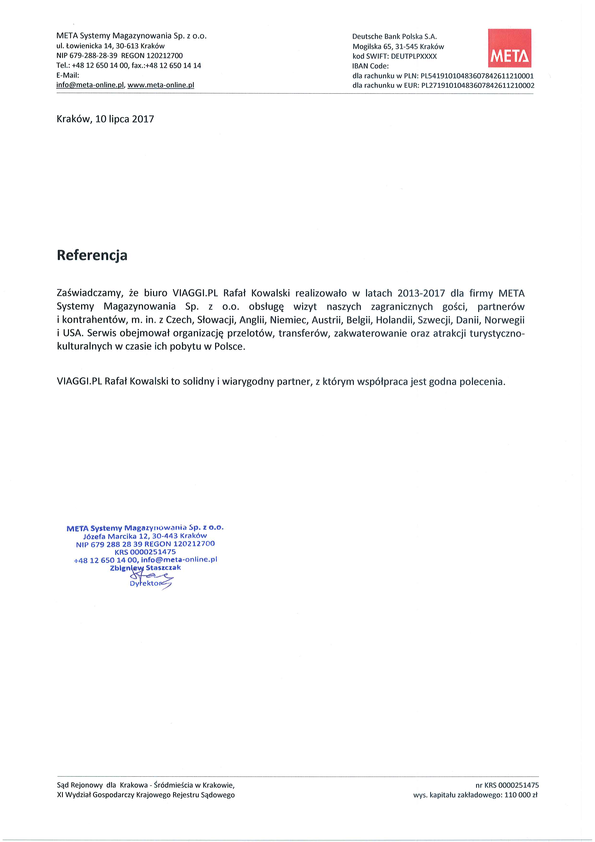 Referencja od firmy META Systemy Magazynowania Sp. z o. o.