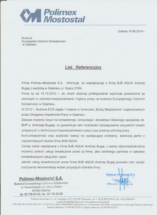 Referencja od firmy Polimex Mostostal S.A.
