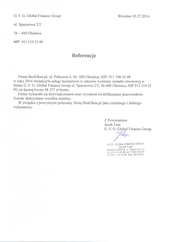 Referencja od firmy G.F.G Global Finance Group
