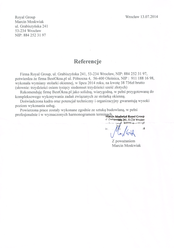 Referencja od firmy Royal Group