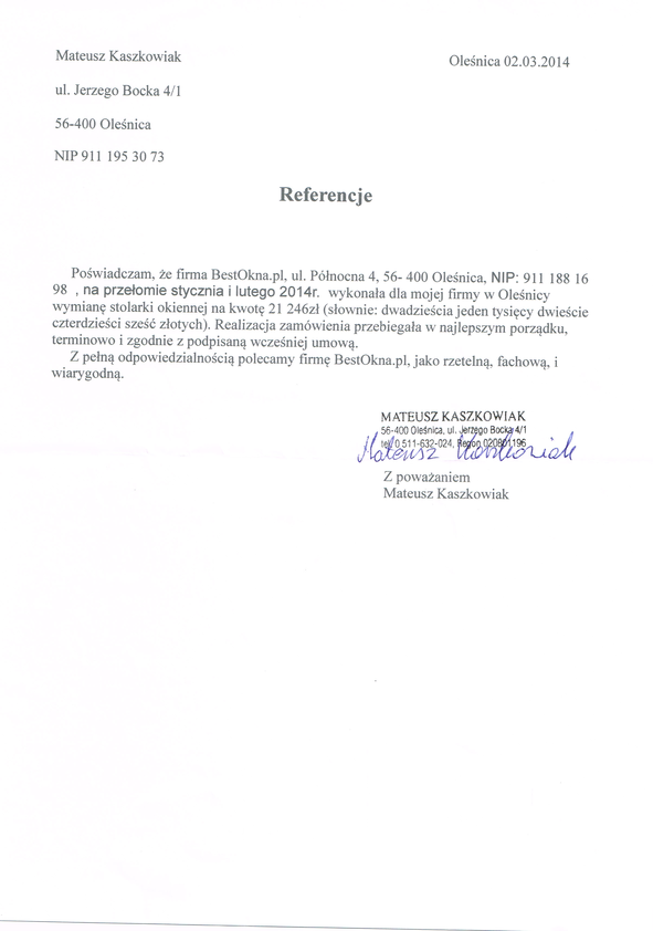 Referencja od firmy Mateusz Kaszkowiak