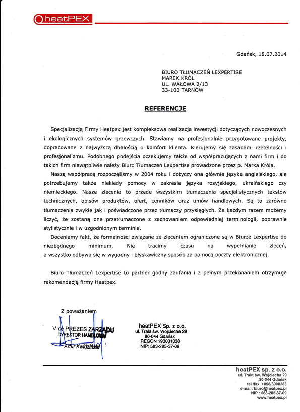 Referencja od firmy heatPex sp. z o.o.