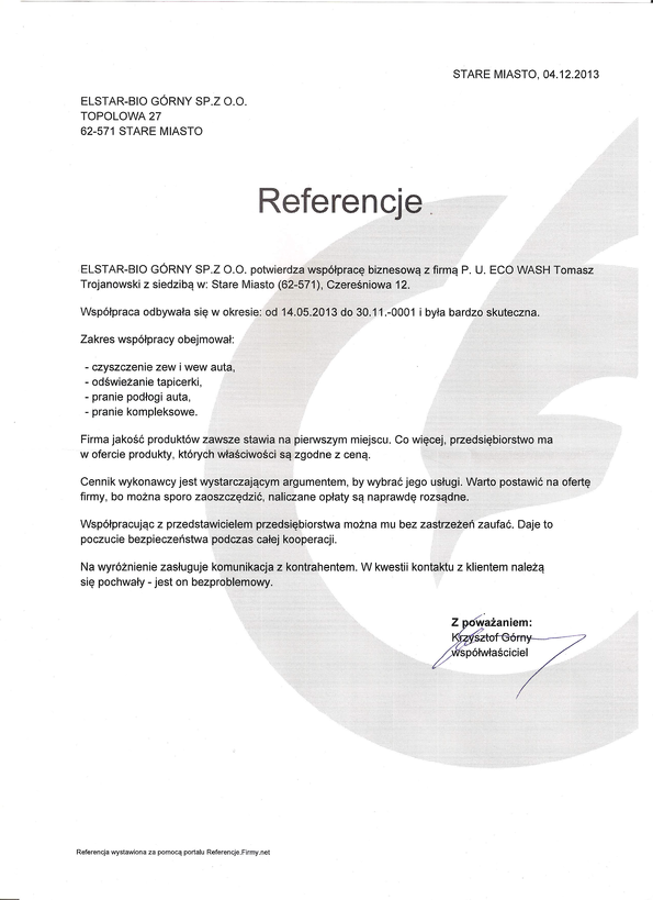 Referencja od firmy ELSTAR-BIO GÓRNY SP. Z O.O.