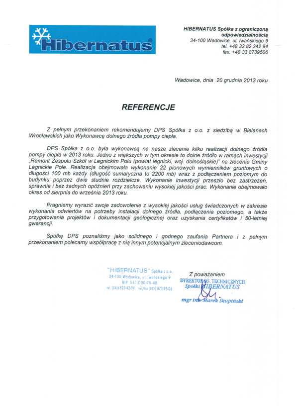 Referencja od firmy Hibernatus Sp. z o.o.
