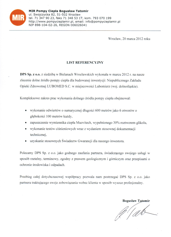 Referencja od firmy MIR Pompy Ciepła