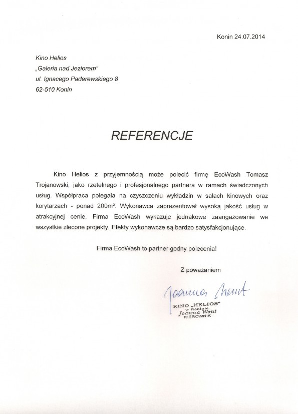 Referencja od firmy Kino Helios ,,Galeria na Jeziorem ''