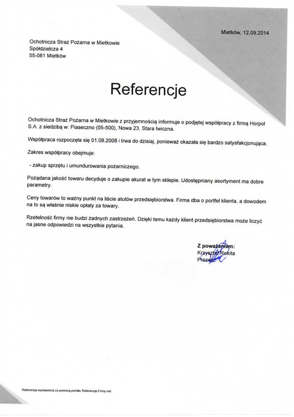 Referencja od firmy Ochotnicza Straż Pożarna w Mietkowie