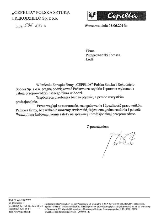 Referencja od firmy Cepelia Polska