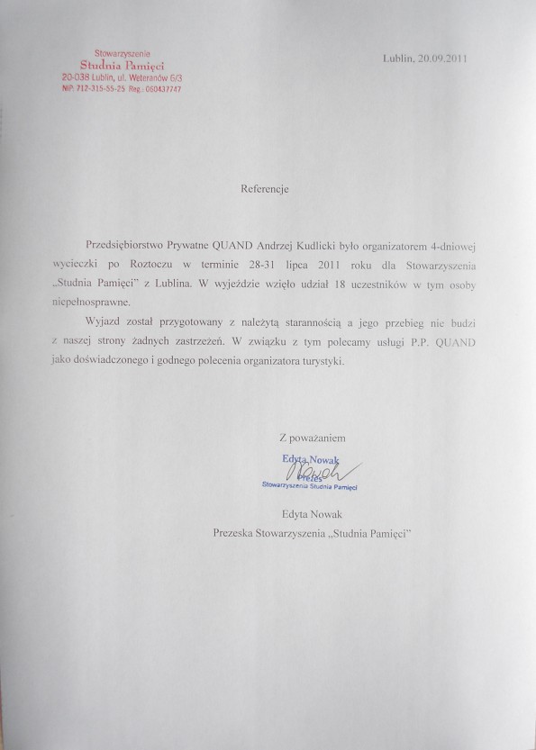 Referencja od firmy Stowarzyszenie Studnia Pamięci