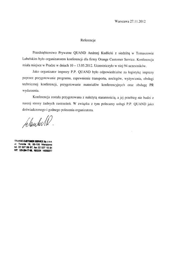 Referencja od firmy Orange Customer Service