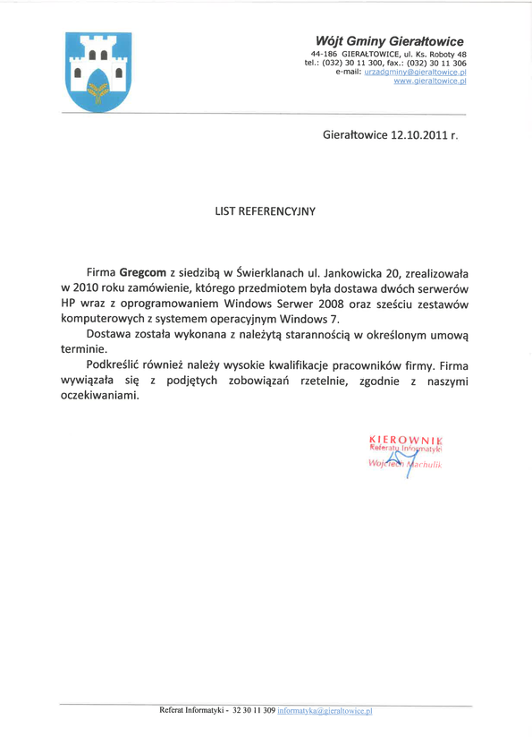 Referencja od firmy UG Gierałtowice