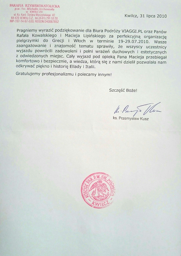 Referencja od firmy Parafia św. Michała - Kwilcz