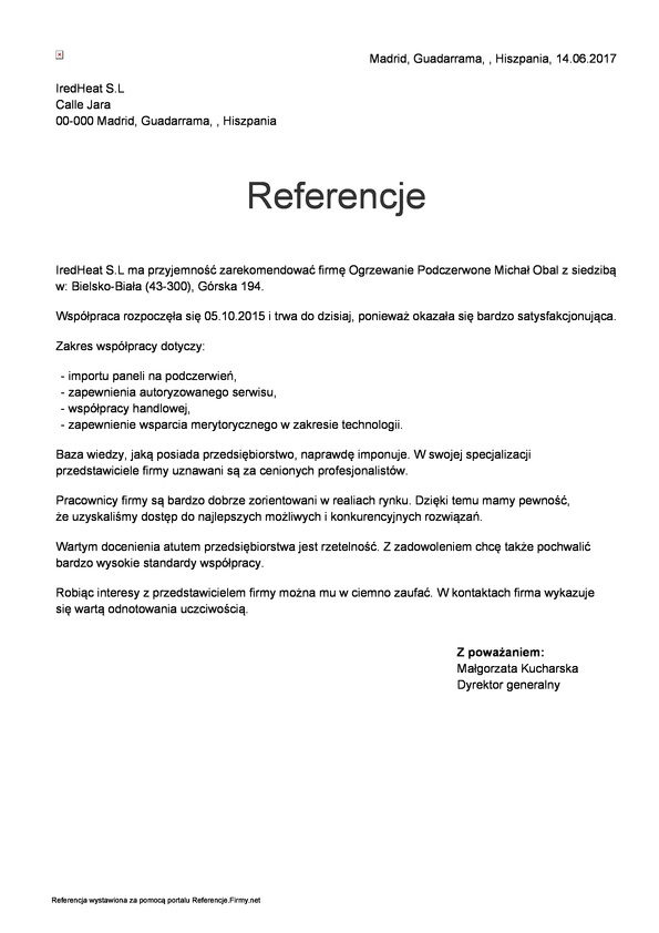 Referencja od firmy IredHeat S.L.