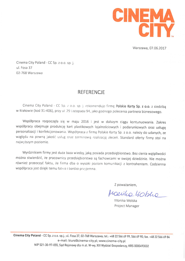 Referencja od firmy City Poland - CC Sp. z o.o. sp. j.