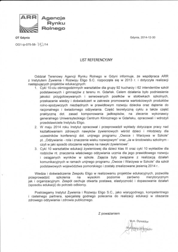 Referencja od firmy Agencja Rynku Rolnego oddział w Gdyni