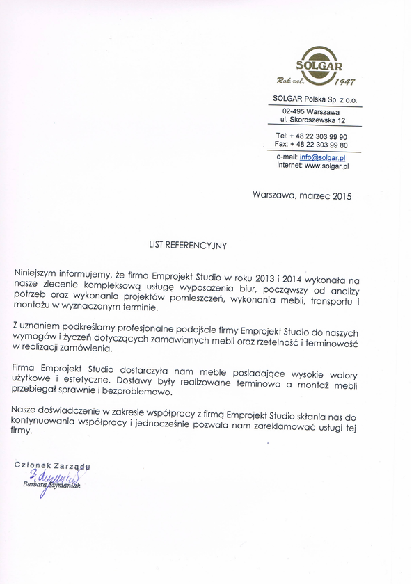 Referencja od firmy Solgar