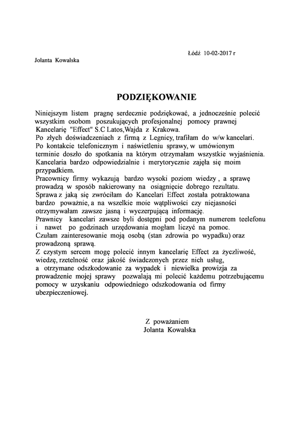 Referencja od firmy Osoba prywatna