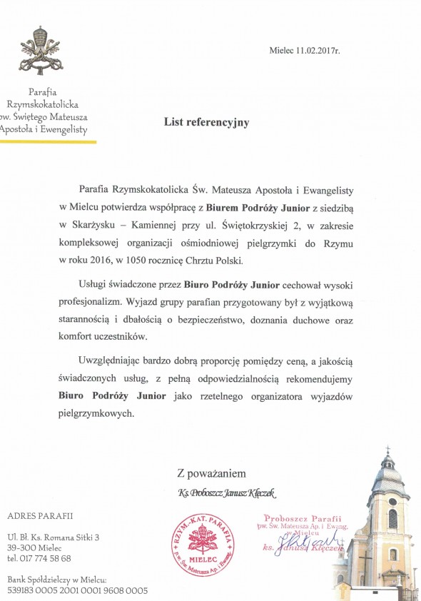 Referencja od firmy Ks. Janusz Kłęczek, parafia Mielec
