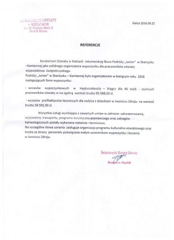 Referencja od firmy Kuratorium Oświaty Kielce