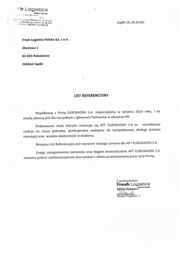 Referencja od firmy FRESH LOGISTIC
