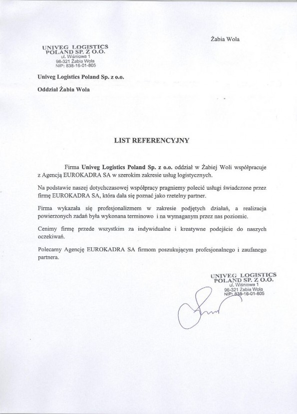 Referencja od firmy UNIVEG