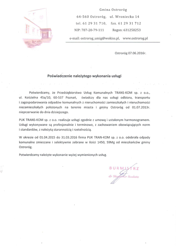 Referencja od firmy Gmina Ostroróg