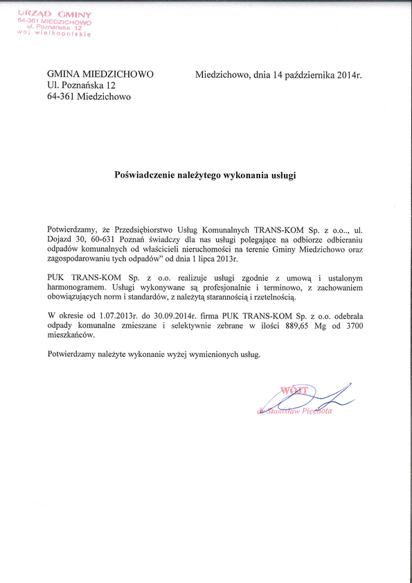 Referencja od firmy Gmina Miedzichowo