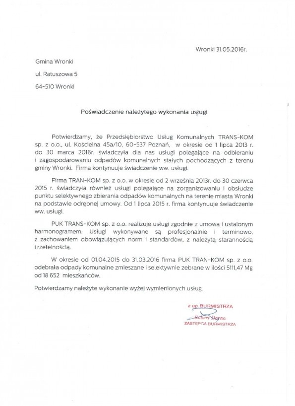 Referencja od firmy Gmina Wronki