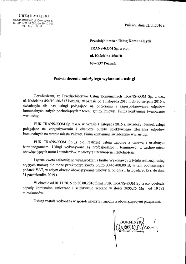 Referencja od firmy Gmina Pniewy