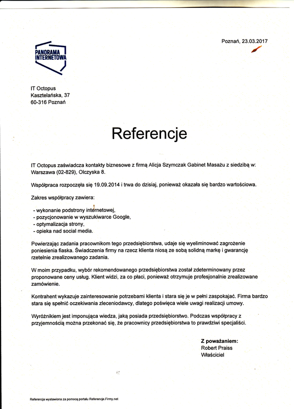 Referencja od firmy Panorama Internetowa
