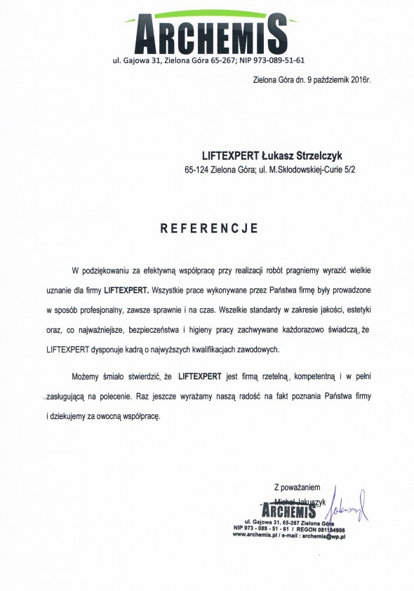 Referencja od firmy ARCHEMIS
