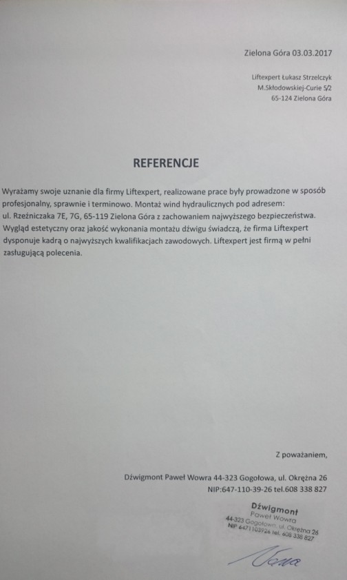 Referencja od firmy DŹWIGMONT