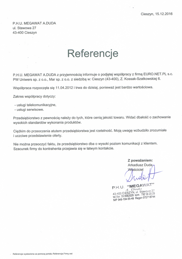 Referencja od firmy P.H.U. MEGAWAT A.DUDA