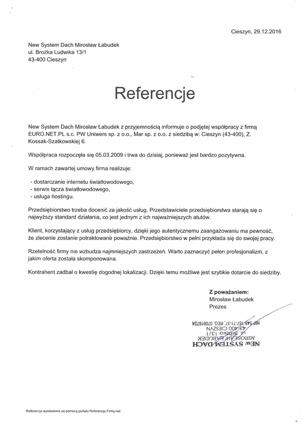 Referencja od firmy New System Dach Mirosław Łabudek