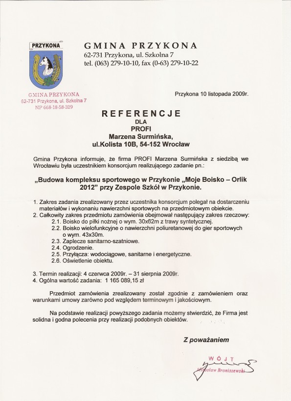 Referencja od firmy Gmina Przykona