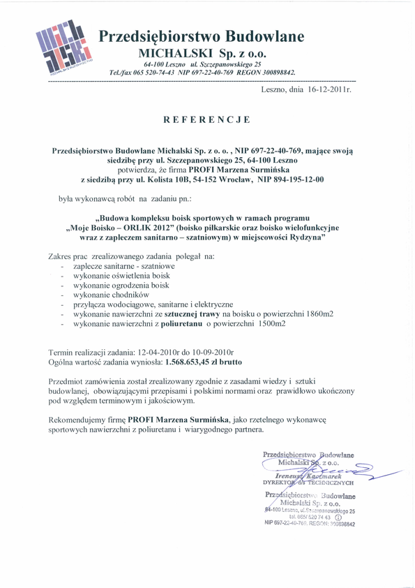 Referencja od firmy PB Michalski Sp. z o.o.
