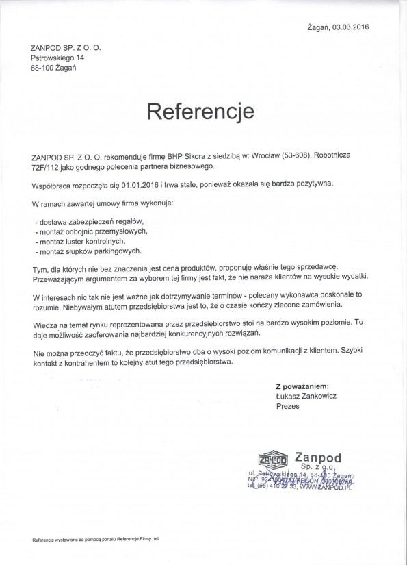 Referencja od firmy ZANPOD