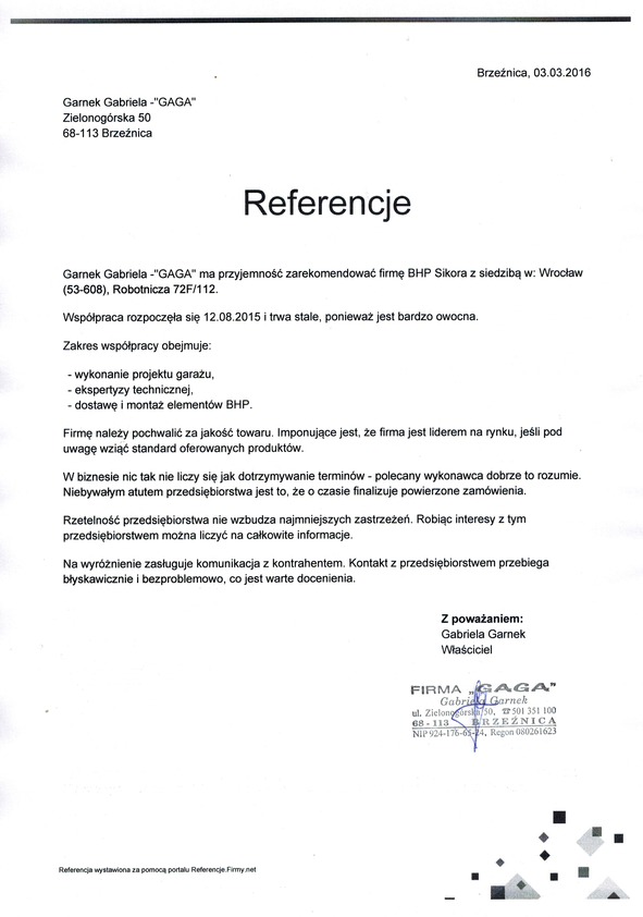 Referencja od firmy Firma GAGA