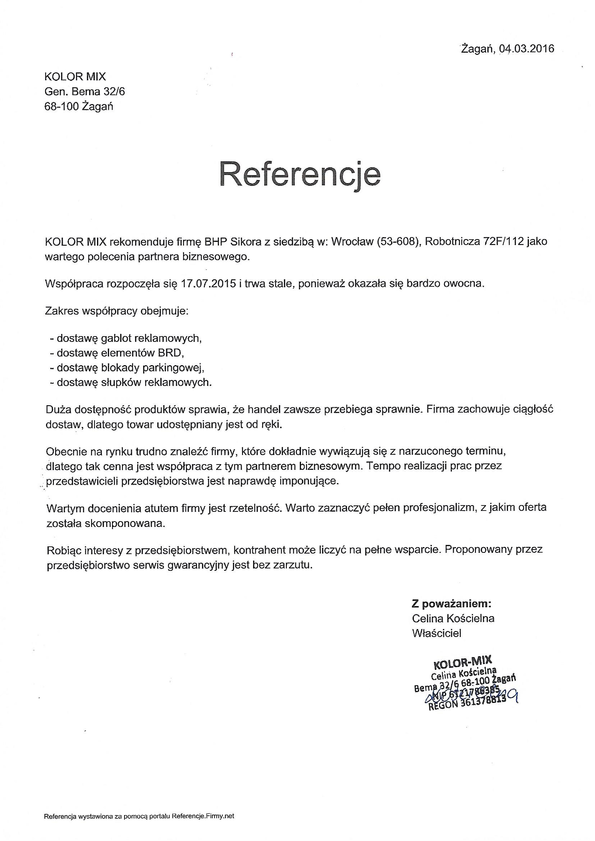Referencja od firmy KOLOR MIX