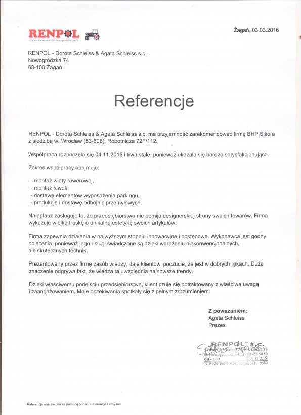 Referencja od firmy RENPOL
