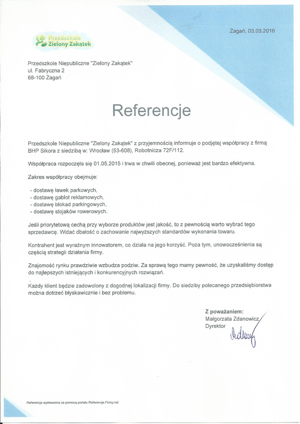 Referencja od firmy Przedszkole Zielony Zakątek
