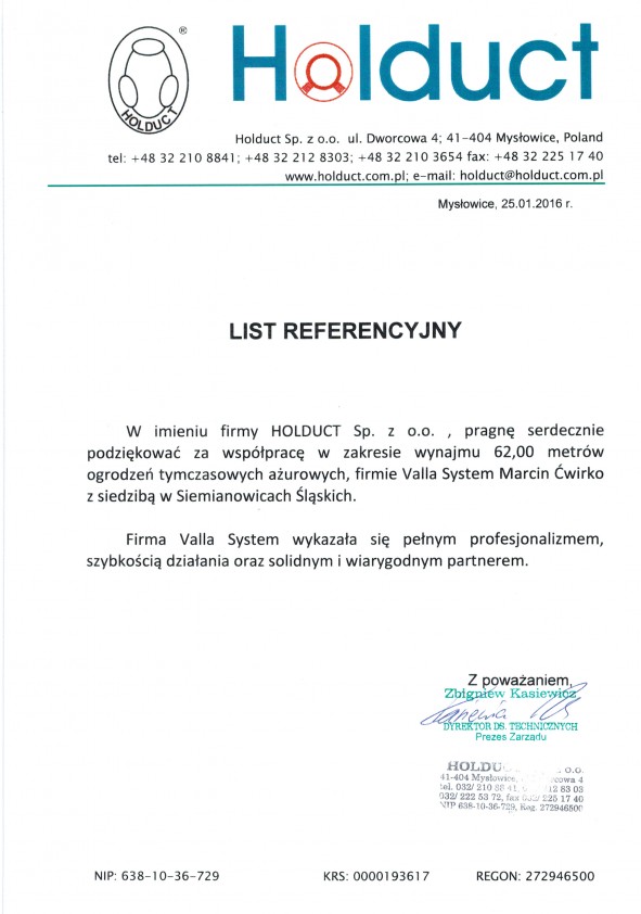 Referencja od firmy Holduct Sp. z o.o.