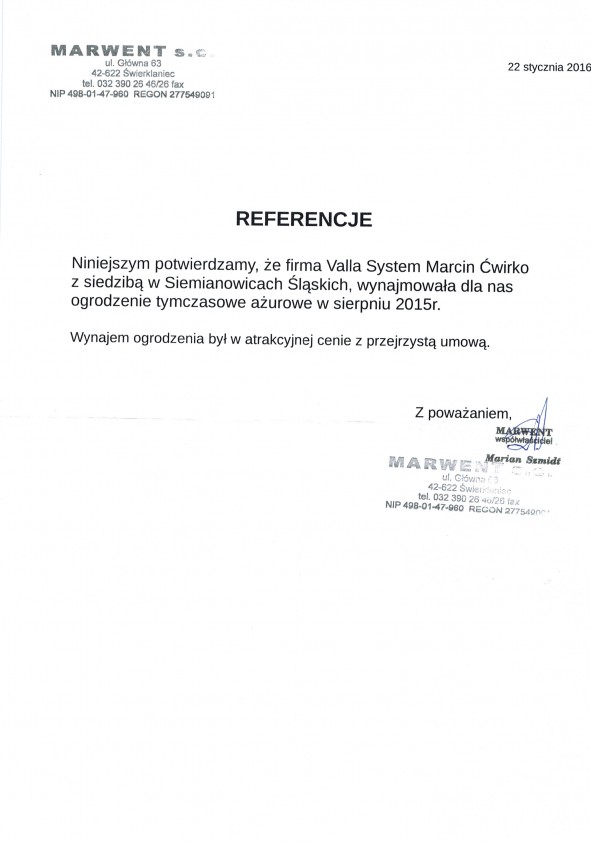 Referencja od firmy MARWENT s.c.