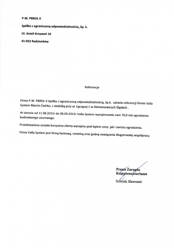 Referencja od firmy PBROL II Sp. z o.o. Sp.k.