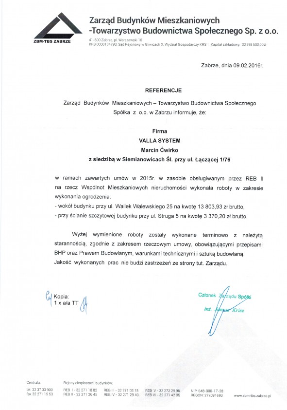 Referencja od firmy Zarząd Budynków Mieszkaniowych - Towarzystwo Budownictwa Społecznego Sp. z o.o.