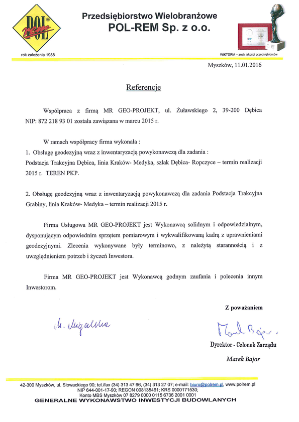 Referencja od firmy P.W. „POL-REM” Sp. z o.o.