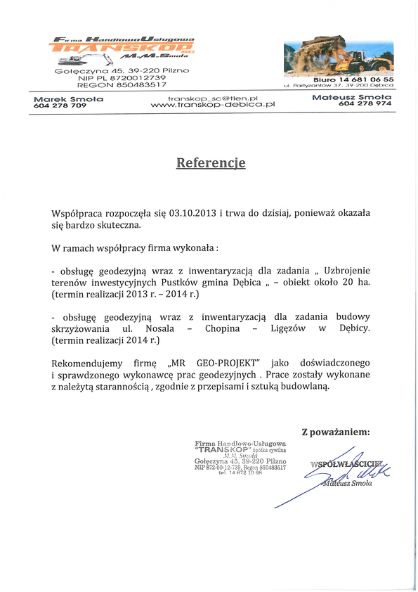 Referencja od firmy Transkop S.C.